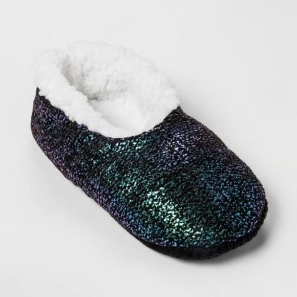 Womens Slippers Small Medium 6 -7.5 Mermaid Foil Sherpa Lined Grippers NEW - Picture 1 of 8